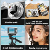4K Hd Optical Zoom Digital Camera 60Mp Dual Screen Selfie Camera No Memory - Silver - Close-Up Angle