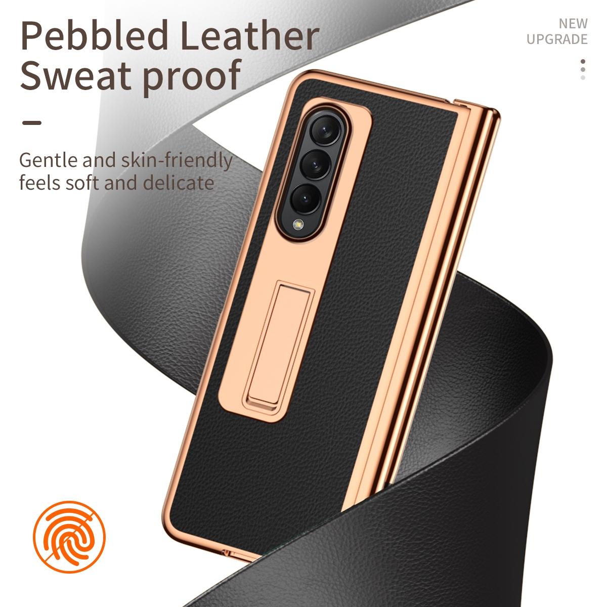 For Samsung Galaxy Z Fold4 5G Premium Litchi Leather Hinged Phone Case - With Pen - Gold