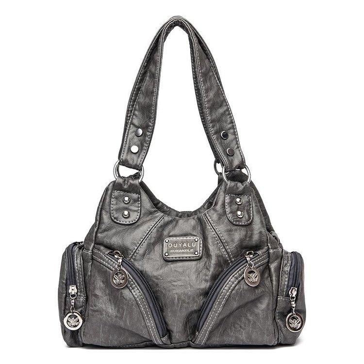 Grey Soft Leather Motorcycle Bag For Women