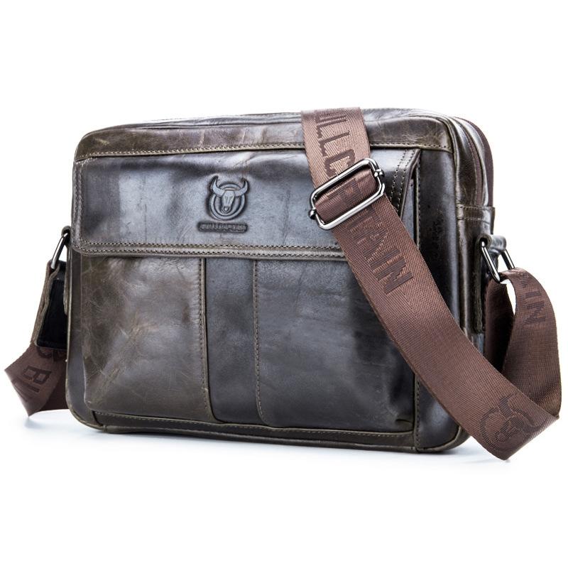 Men Leather Shoulder Bag Double Layer - Iron Blue