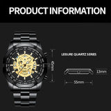 Waterproof Luminous Skeleton Watch - 30m - Black Steel Black Gold Nail - Top-Down View