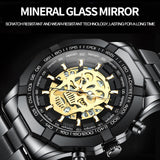 Waterproof Luminous Skeleton Watch - 30m - Black Steel Black Gold Nail - 45-Degree Angle