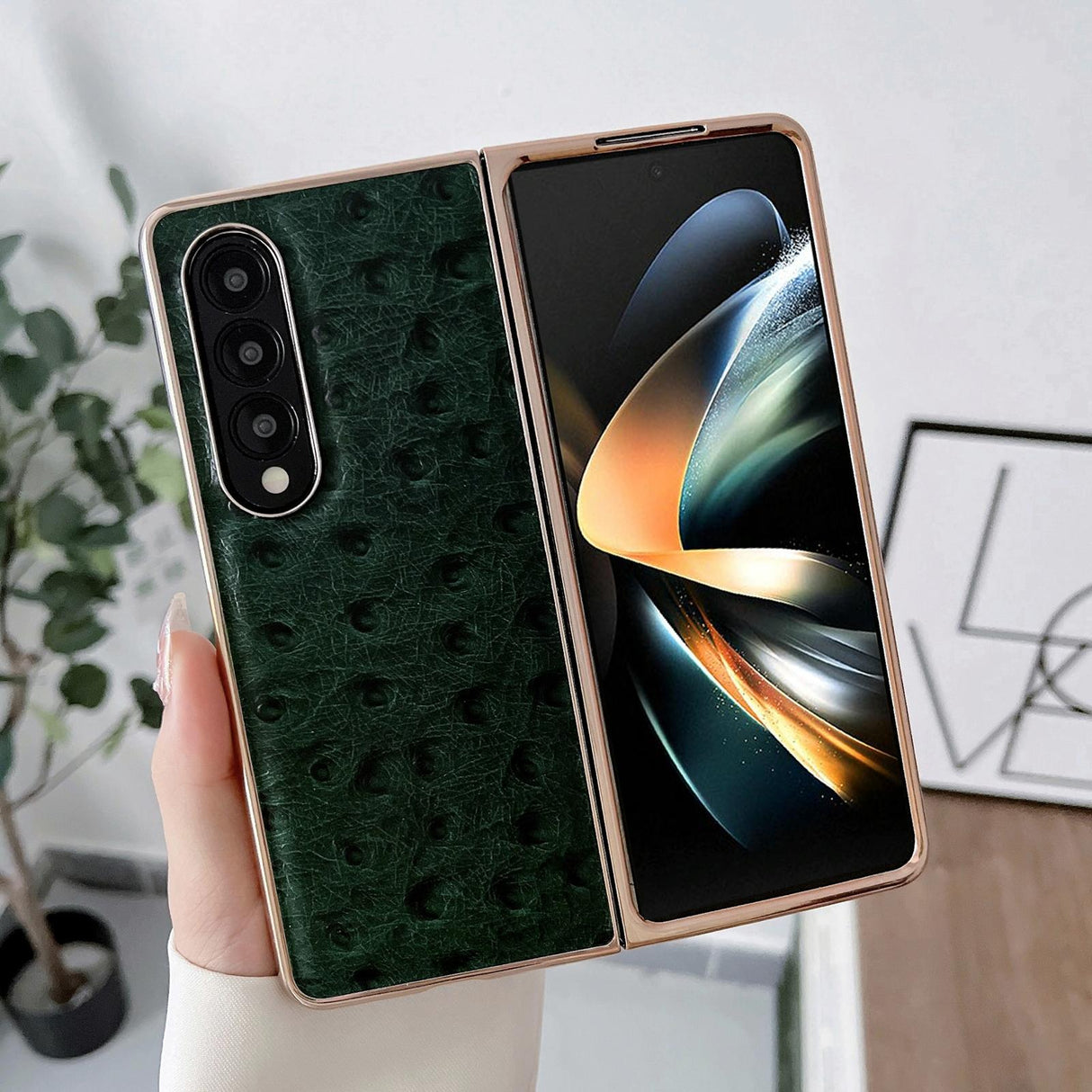 For Samsung Galaxy Z Fold4 5G Ostrich Leather Phone Case - Black