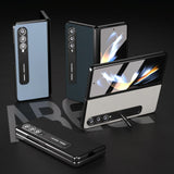 For Samsung Galaxy Z Fold4 5G Leather Phone Case With Holder - Wave Design - Grey - 45-Degree Angle