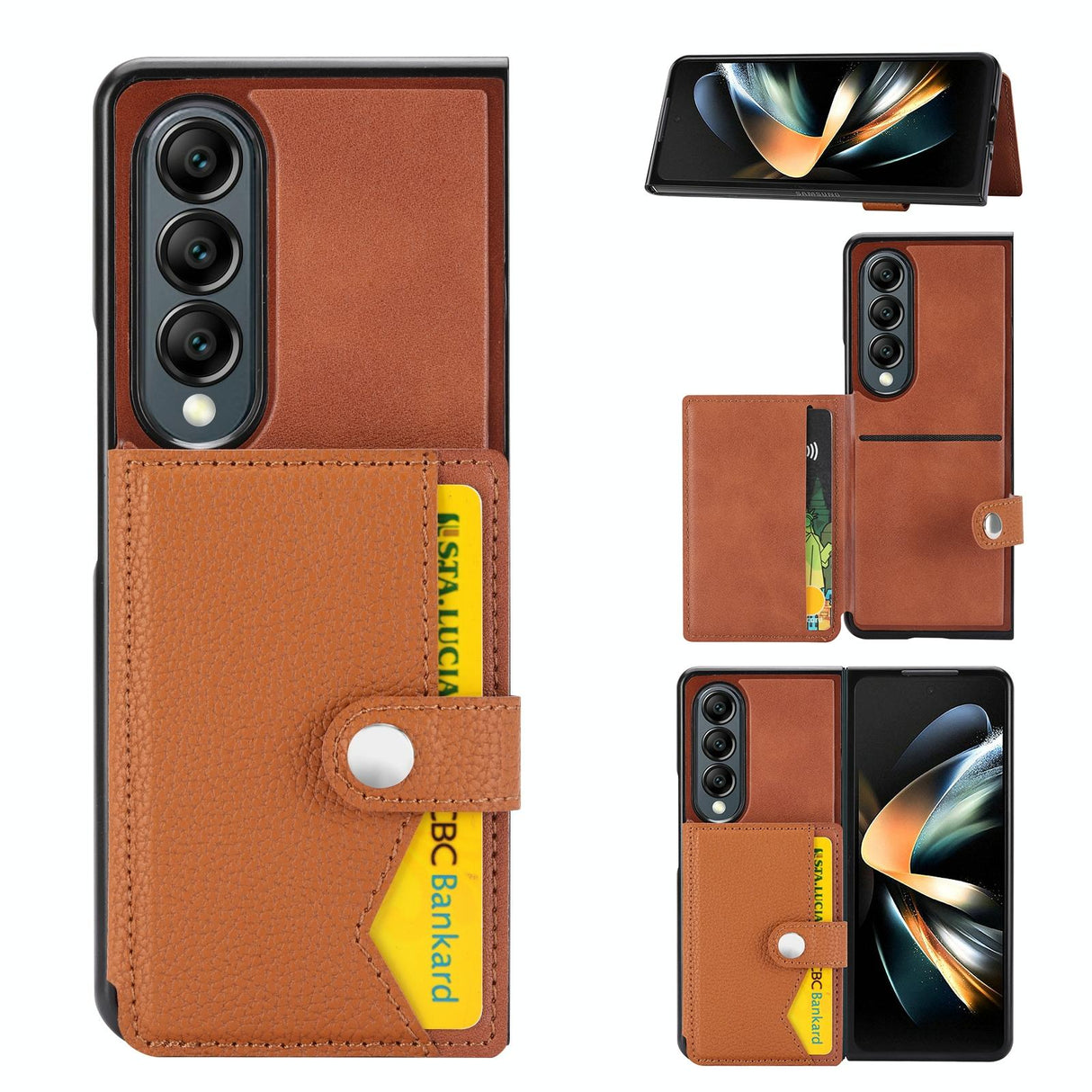 For Samsung Galaxy Z Fold4 5G Samsung Galaxy Z Fold4 Litchi Pattern Single Button Card Holder Phone Case - Brown