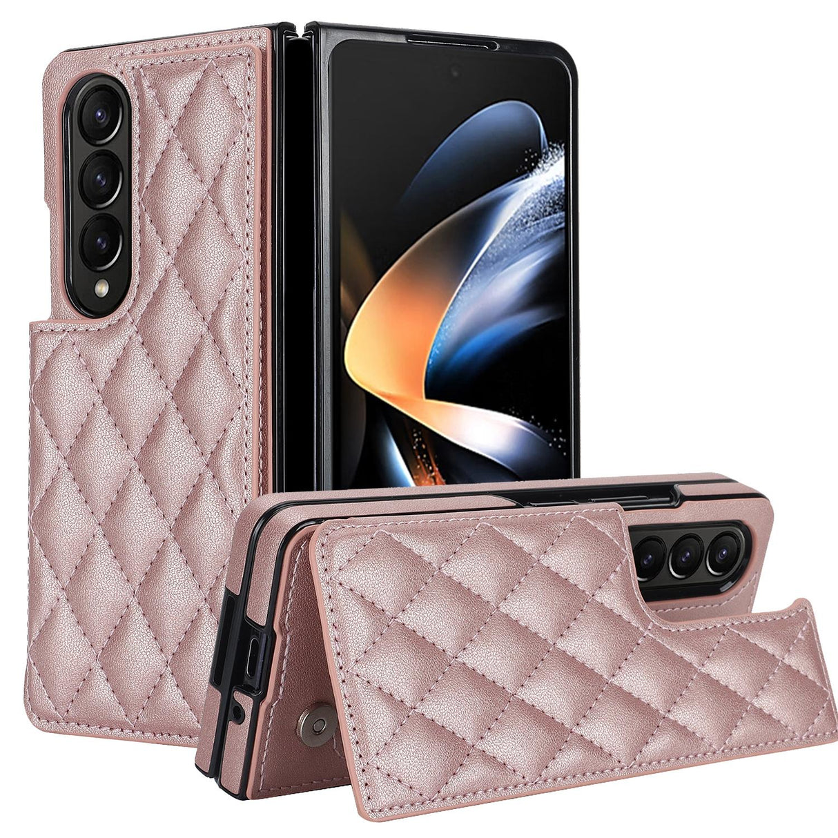 For Samsung Galaxy Z Fold4 5G Foldable Full Coverage Double Buckle Pu Phone Case - Rose Gold