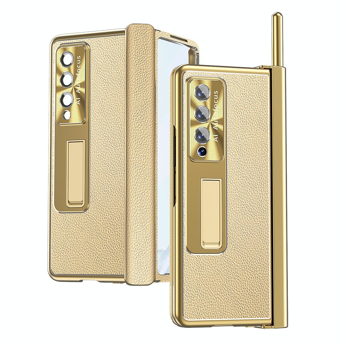 For Samsung Galaxy Z Fold4 5G Shockproof Magnetic Litchi Pattern Phone Case - Silver Gold