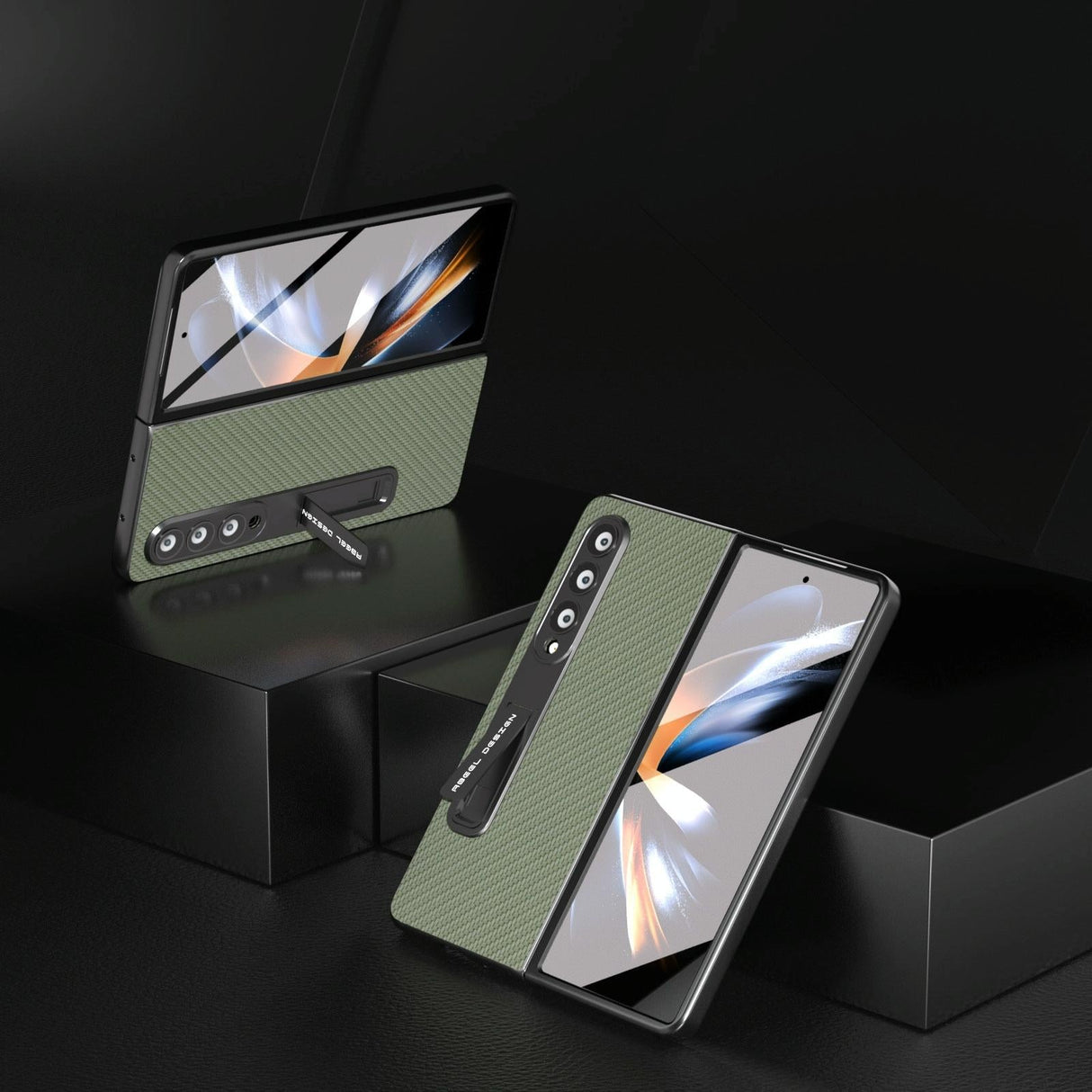 For Samsung Galaxy Z Fold4 5G Carbon Fiber Phone Case With Holder - Dark Blue