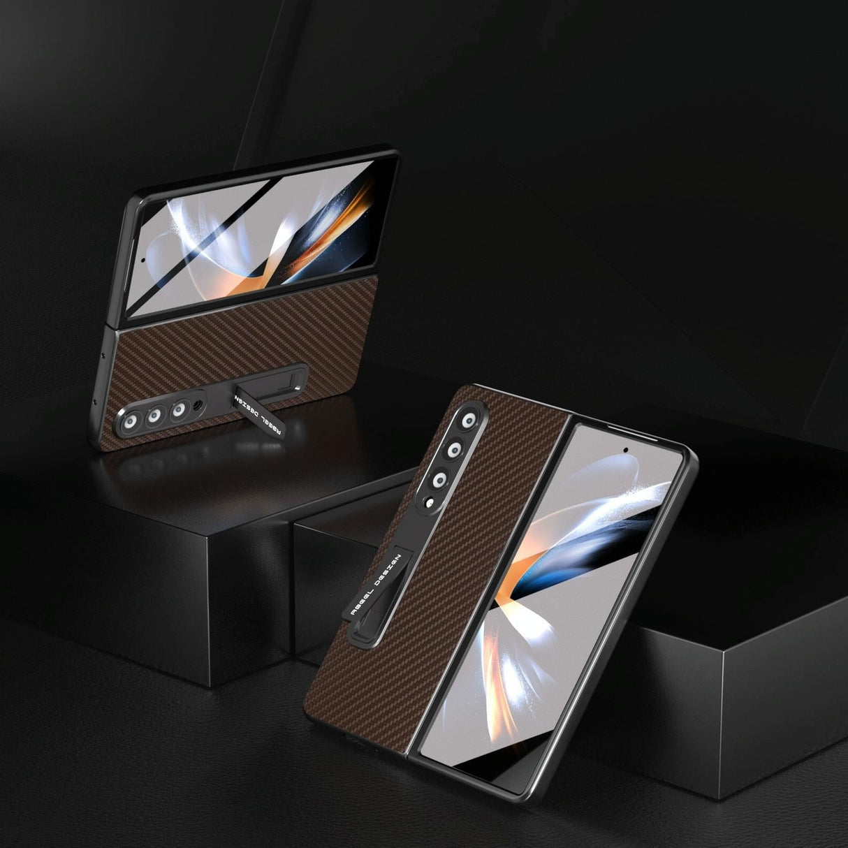 For Samsung Galaxy Z Fold4 5G Carbon Fiber Phone Case With Holder - Dark Blue