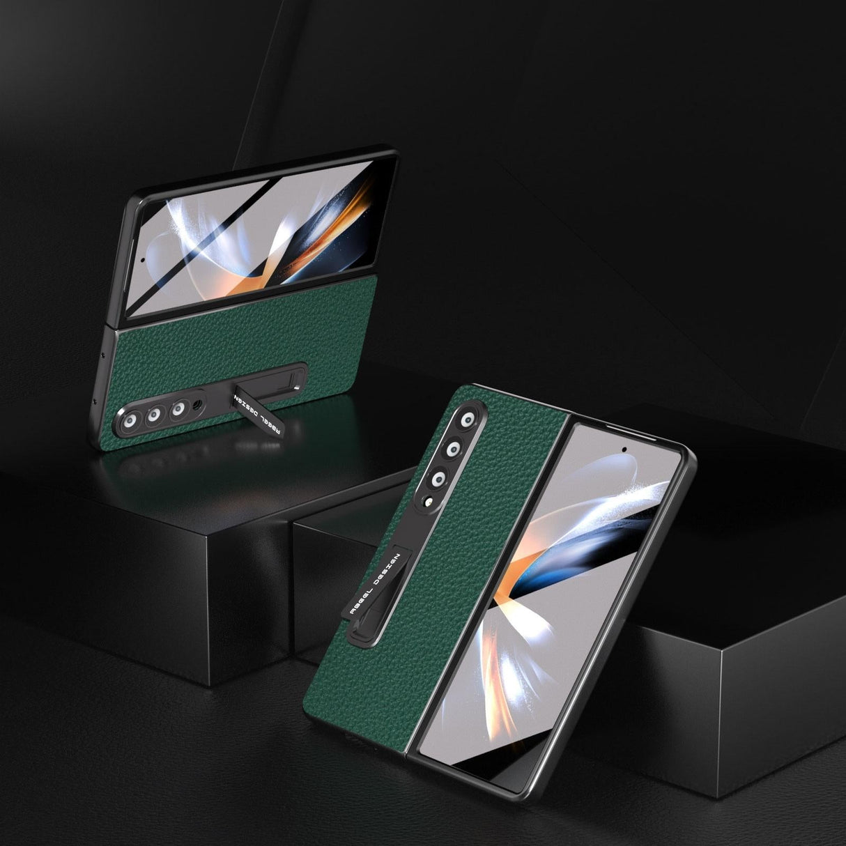 For Samsung Galaxy Z Fold4 5G Leather Phone Case With Holder - Litchi Texture - Green