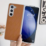For Samsung Galaxy Z Fold4 5G Checkered Leather Phone Case With Pearlescent Finish - Pink