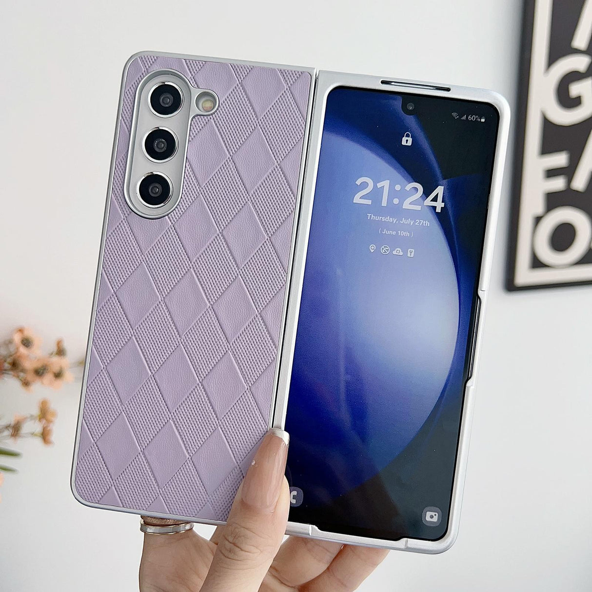 For Samsung Galaxy Z Fold4 5G Checkered Leather Phone Case With Pearlescent Finish - Pink