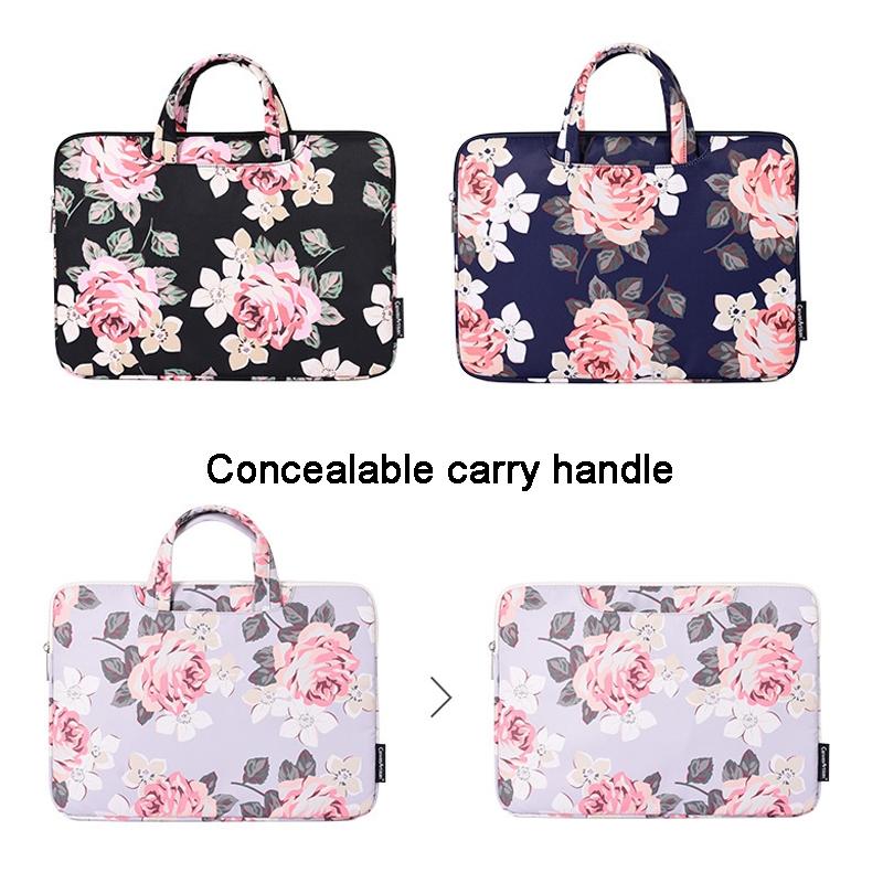 13 Inch Laptop Case Bag with White Rose Pattern and Handle - Grey