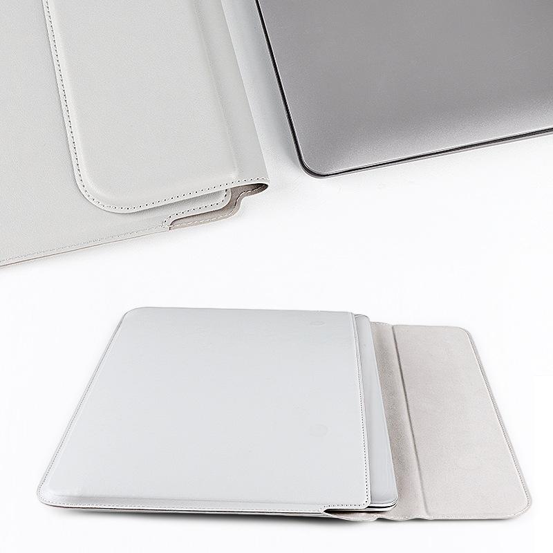 Leather Laptop Liner Bag - 14.1-15.4 Inches with Stand Function - Silver Gray
