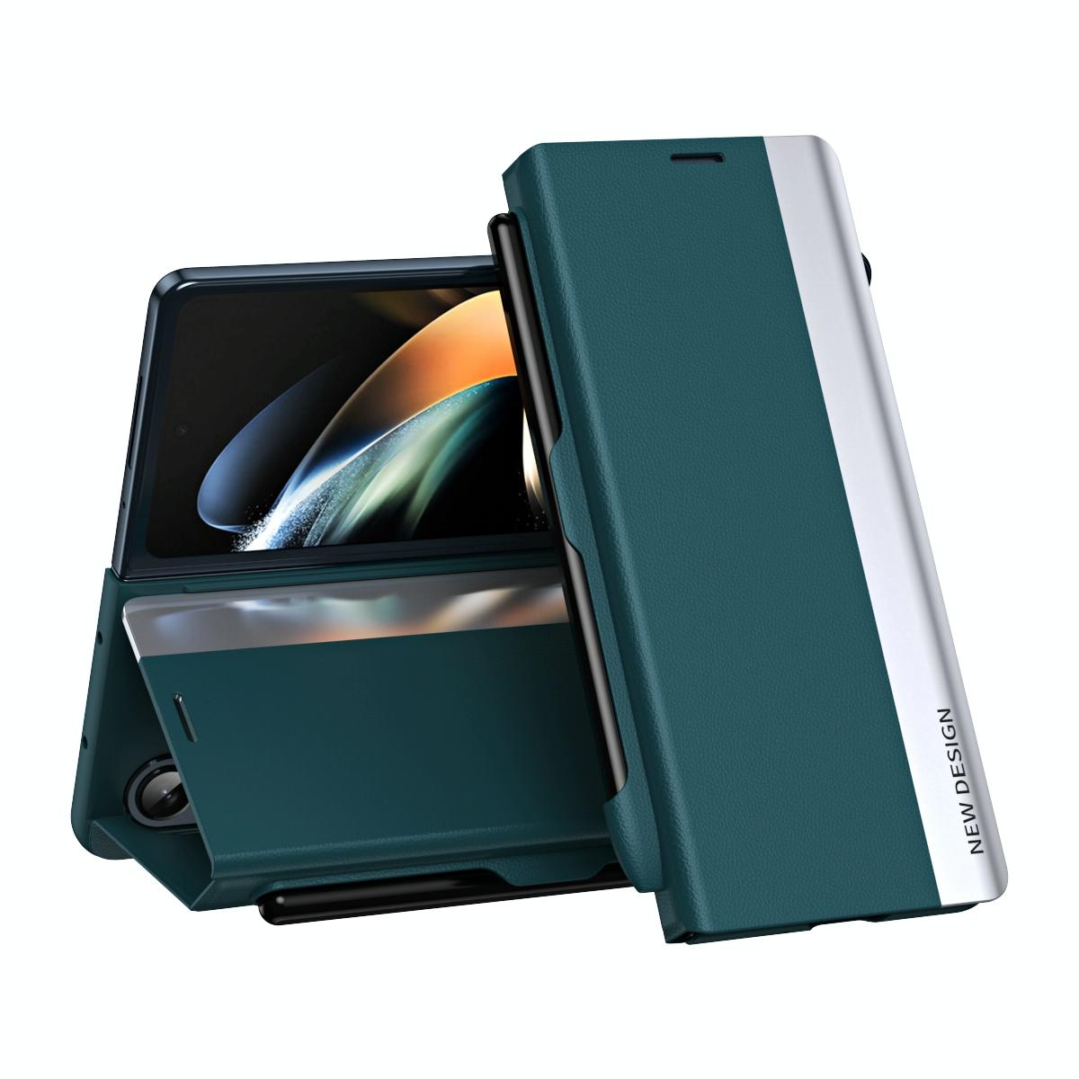 For Samsung Galaxy Z Fold4 5G Leather Phone Case With Pen Slot - Shockproof - Green