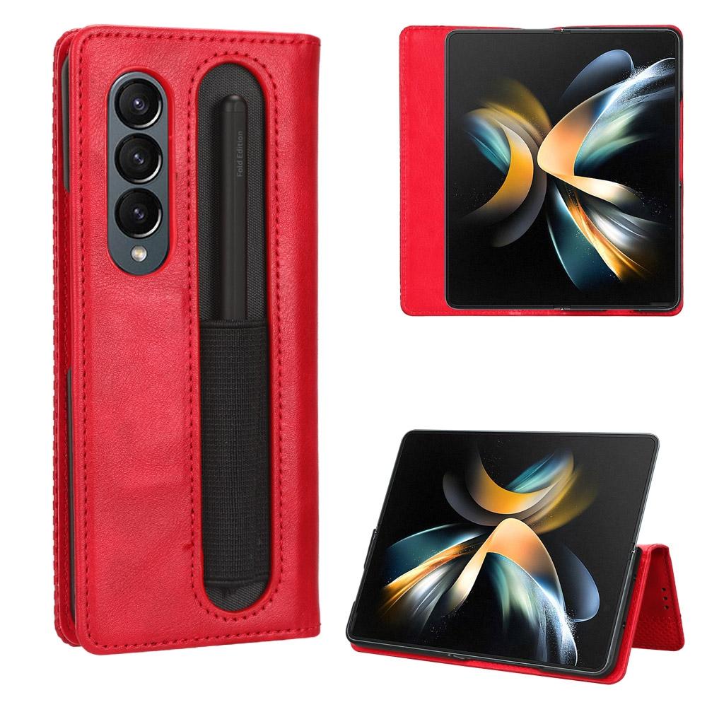For Samsung Galaxy Z Fold4 5G Vintage Leather Phone Case With Magnetic Buckle - Blue