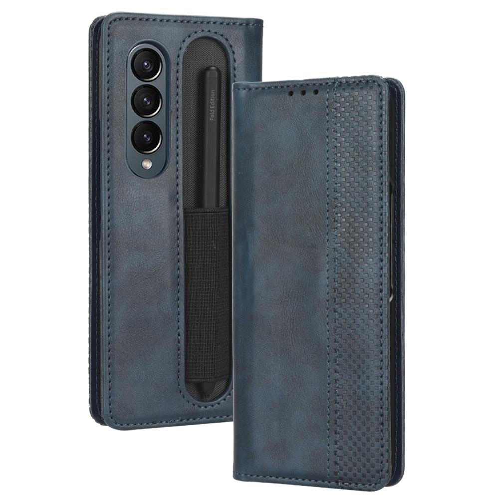 For Samsung Galaxy Z Fold4 5G Vintage Leather Phone Case With Magnetic Buckle - Blue