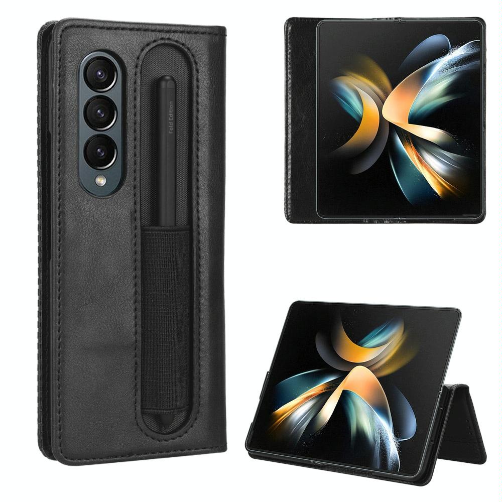 For Samsung Galaxy Z Fold4 5G Vintage Leather Phone Case With Magnetic Buckle - Blue