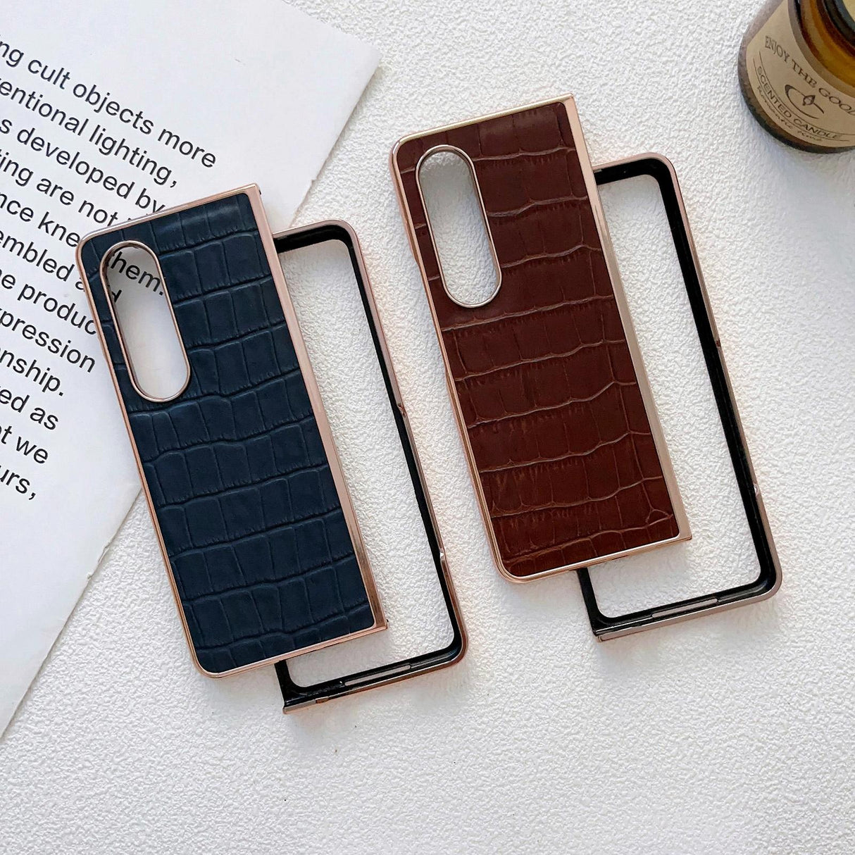 For Samsung Galaxy Z Fold4 5G Crocodile Leather Phone Case - Electroplated - Brown