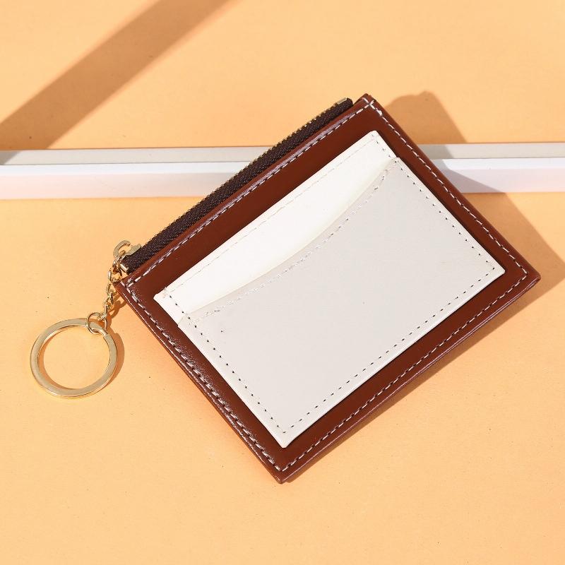 Portable Simple Card Holder Coin Purse With Keychain Unisex Pu Wallet - Coffee