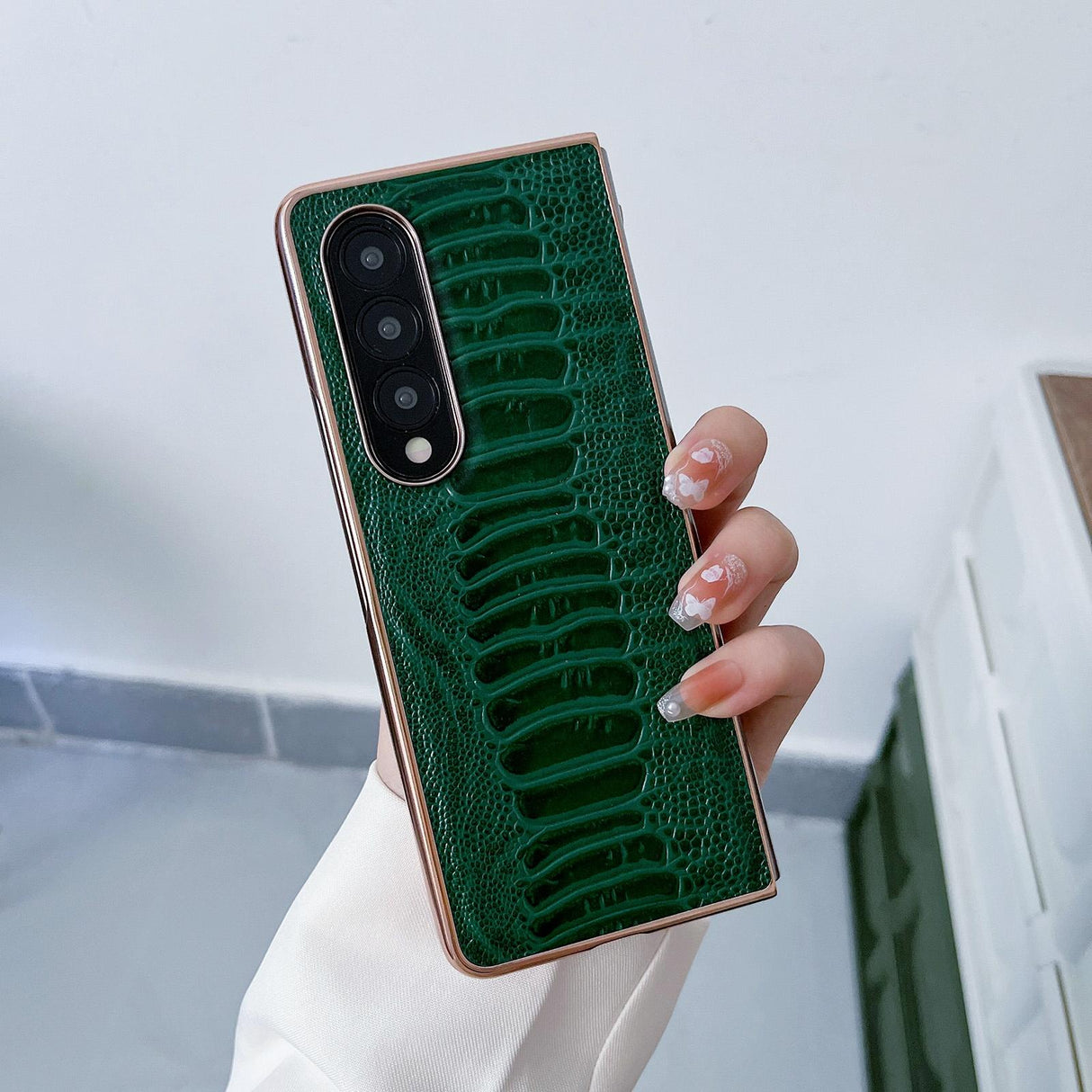 For Samsung Galaxy Z Fold4 5G Genuine Leather Nano Plating Phone Case - Green