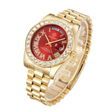 Men Quartz Watch With Diamond-Encrusted Roman Numeral Dial - Close-Up Angle