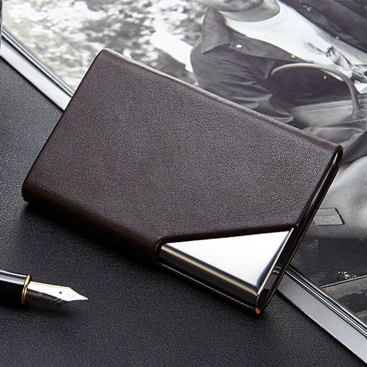 Stainless Steel Business Card Holder Men Leather Clamp - Apricot