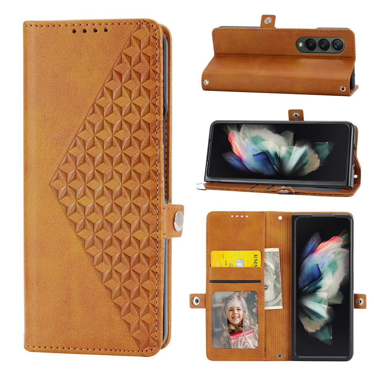 For Samsung Galaxy Z Fold4 5G Textured Leather Phone Case - Cubic Grid Design - Rose Gold
