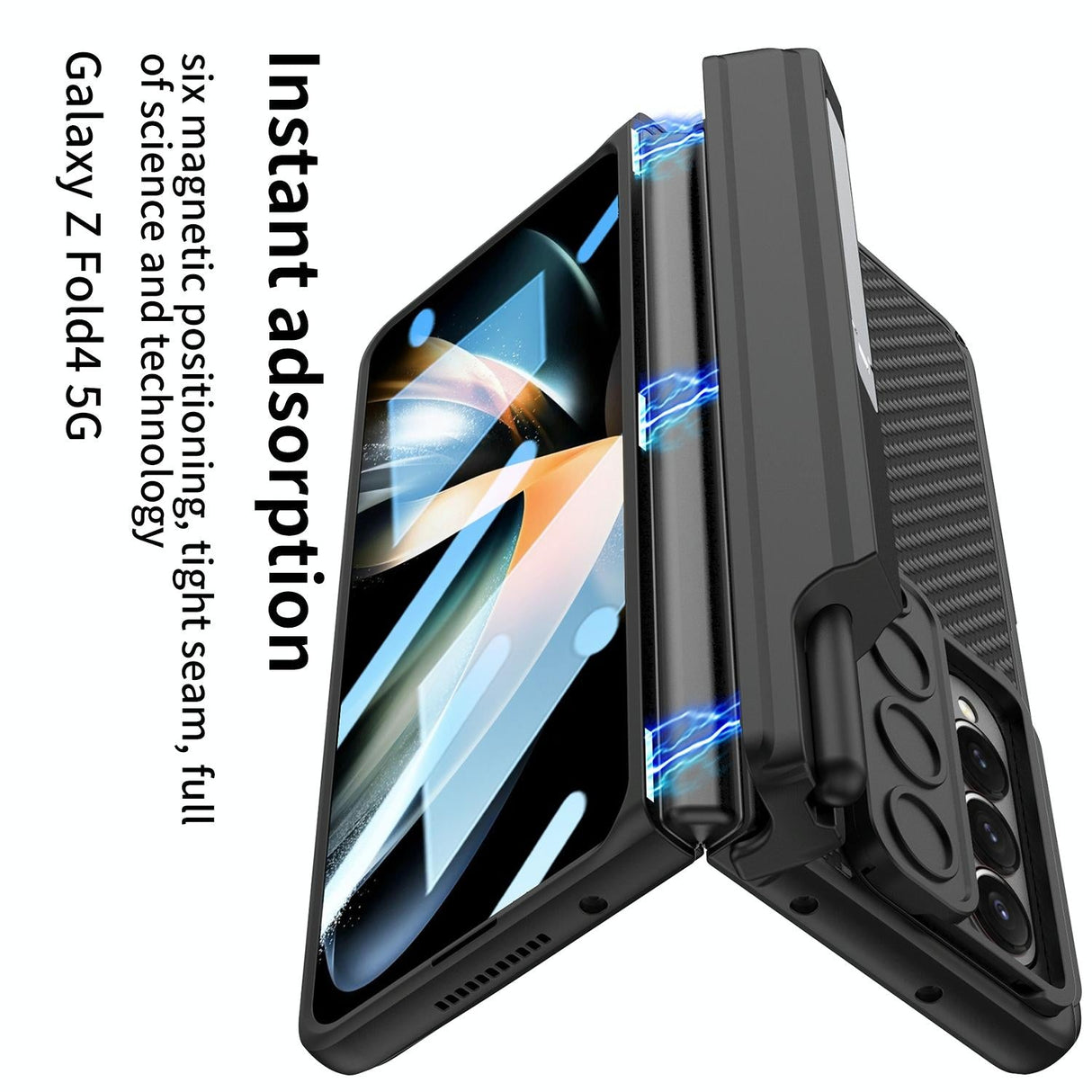 For Samsung Galaxy Z Fold4 5G Magnetic Leather Flip Case With Holder - Carbon Fiber