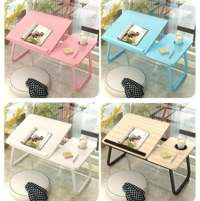Adjustable Folding Laptop Desk with Cup Holder - Four-speed Lifting Table for Dorms - White Maple