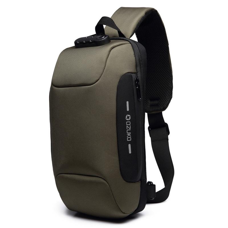 Anti Theft Men Waterproof Crossbody Bag With USB Port - Army Green