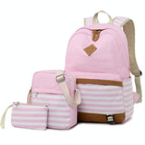 Printed Canvas Backpack Set - 3 Pieces - Pink