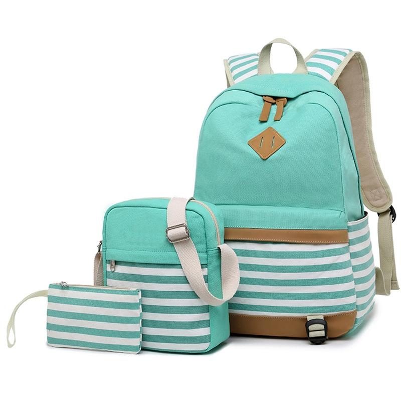Printed Canvas Backpack Set - 3 Pieces - Pink