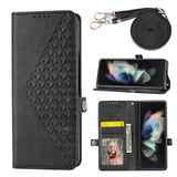 For Samsung Galaxy Z Fold4 5G Leather Grid Texture Phone Case With Lanyard - Rose Gold - Front View