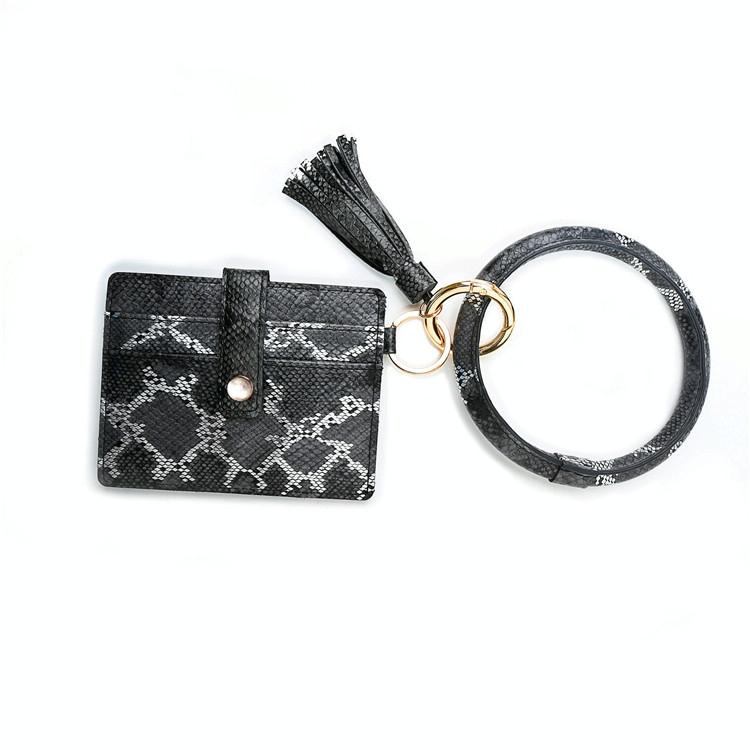 Pu Leather Wrist Ring Key Chain Coin Purse Black - White Snake