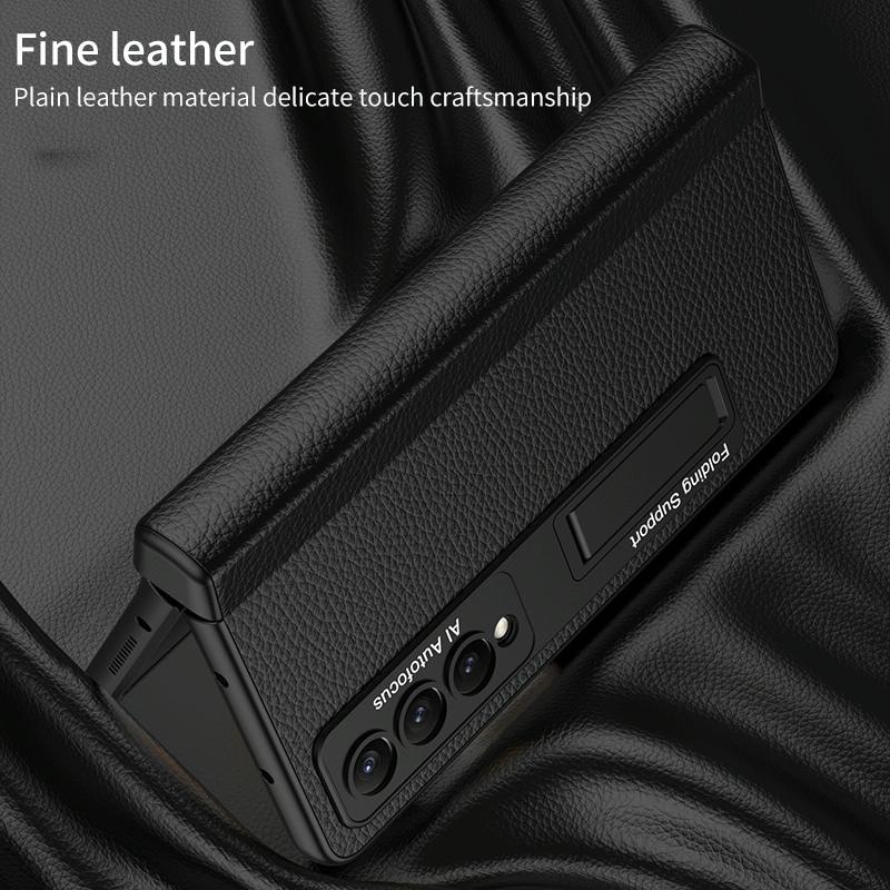 For Samsung Galaxy Z Fold4 5G Leather Phone Case With Foldable Hinge And Holder - Carbon Fibre Black