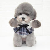 Dog Shawl Small Cloak Pet Bow Ttie Saliva Towel Pet Accessories - Size S - Navy Blue Grid - Close-Up Angle