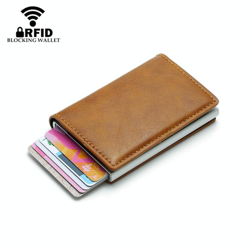 Anti Magnetic Rfid Leather Metal Wallet Universal Fit Black - Brown