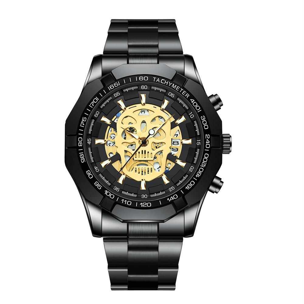 Waterproof Luminous Skeleton Watch - 30m - Black Steel Black White Nail