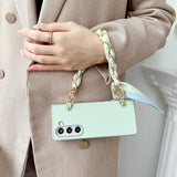 For Samsung Galaxy Z Fold4 5G Leather Phone Case With Metallic Paint And Scarf Bracelet - Green
