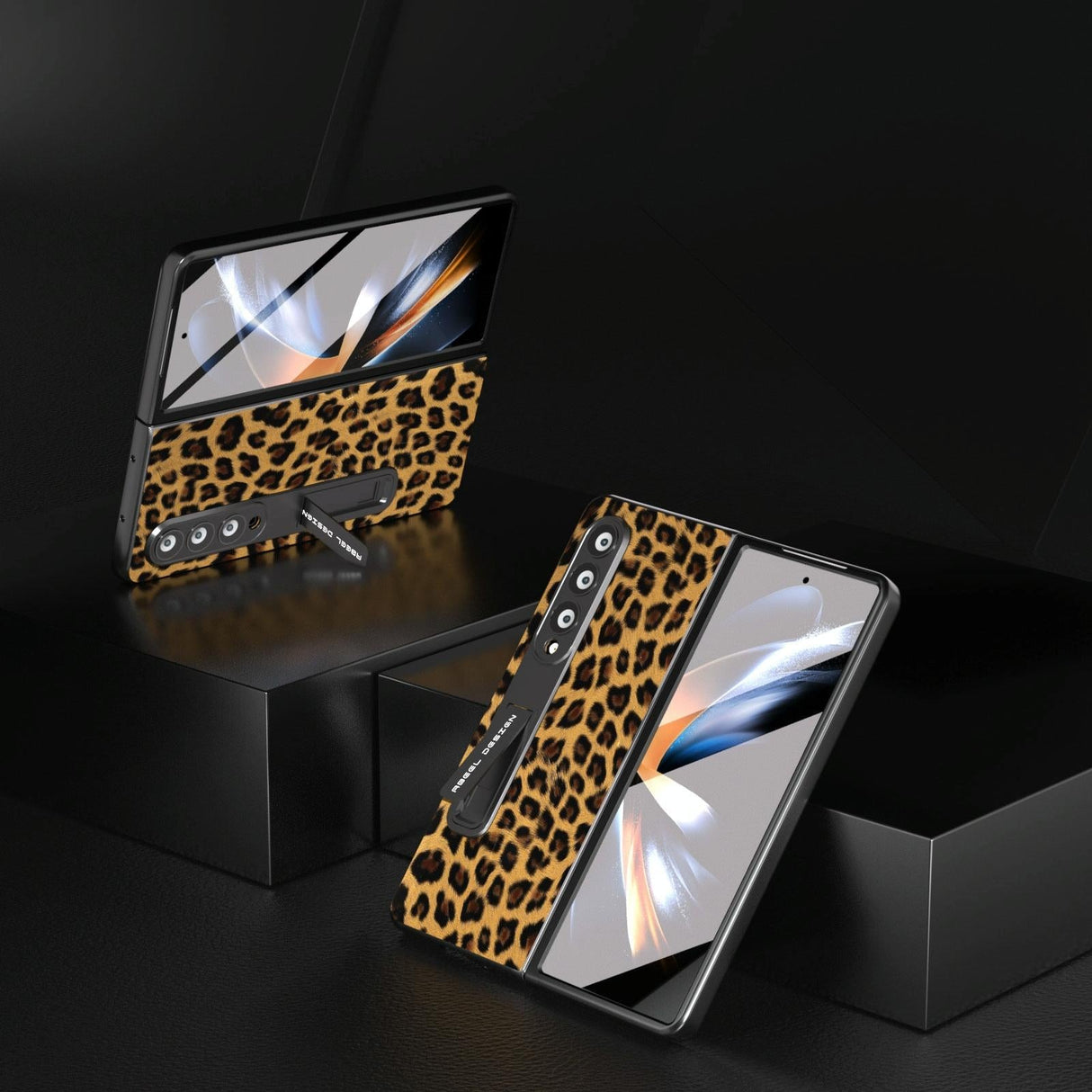 For Samsung Galaxy Z Fold4 5G Leopard Print Phone Case With Holder - Champagne Gold