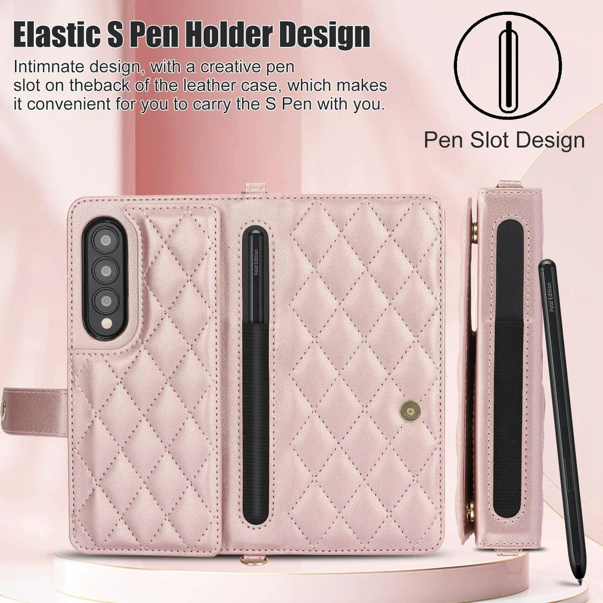 For Samsung Galaxy z Fold4 5G Multifunctional Rhombic Leather Crossbody Phone Case - Rose Gold