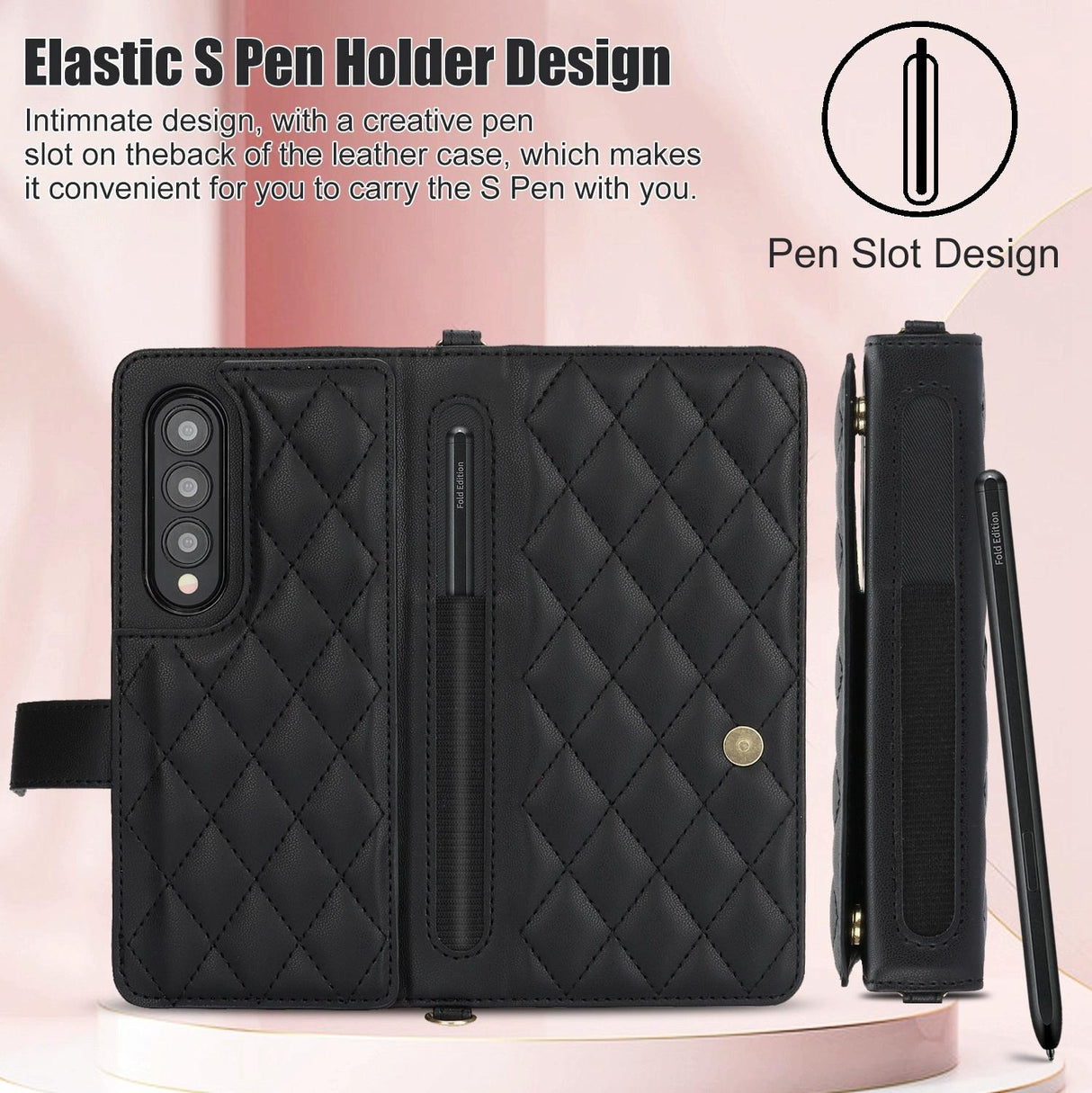 For Samsung Galaxy z Fold4 5G Multifunctional Rhombic Leather Crossbody Phone Case - Rose Gold