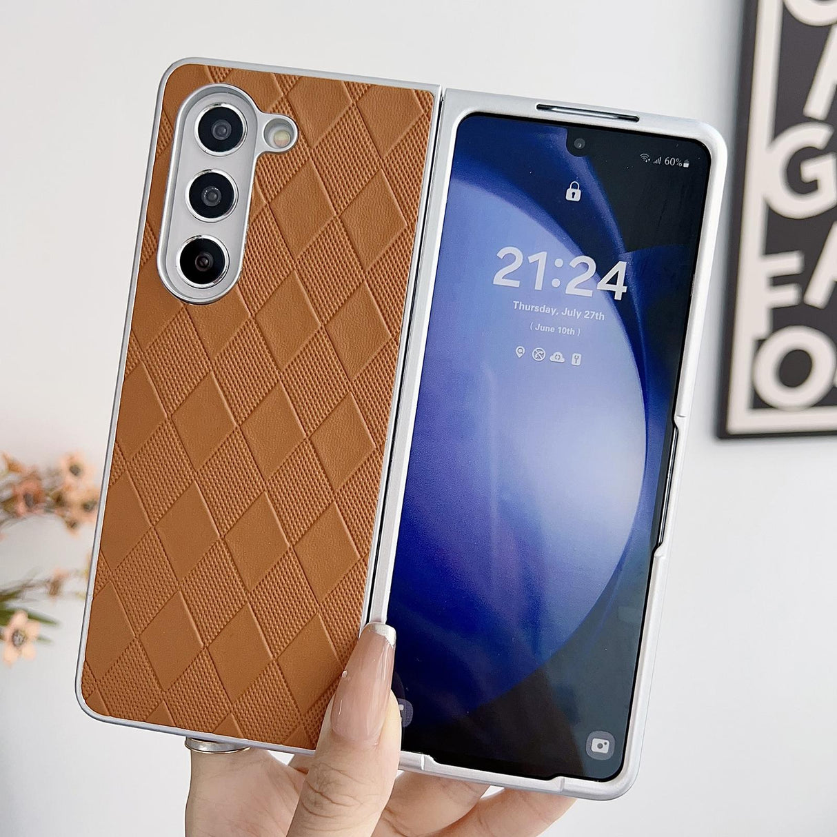 For Samsung Galaxy Z Fold4 5G Checkered Leather Phone Case With Pearlescent Finish - Black