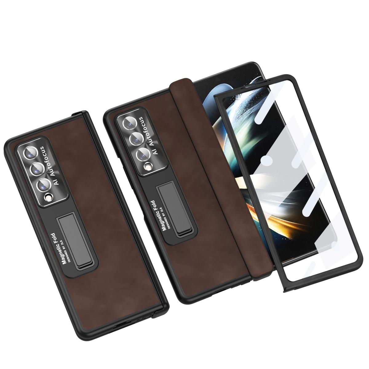 For Samsung Galaxy Z Fold4 5G Napa Texture All-In-One Phone Case - Yellow