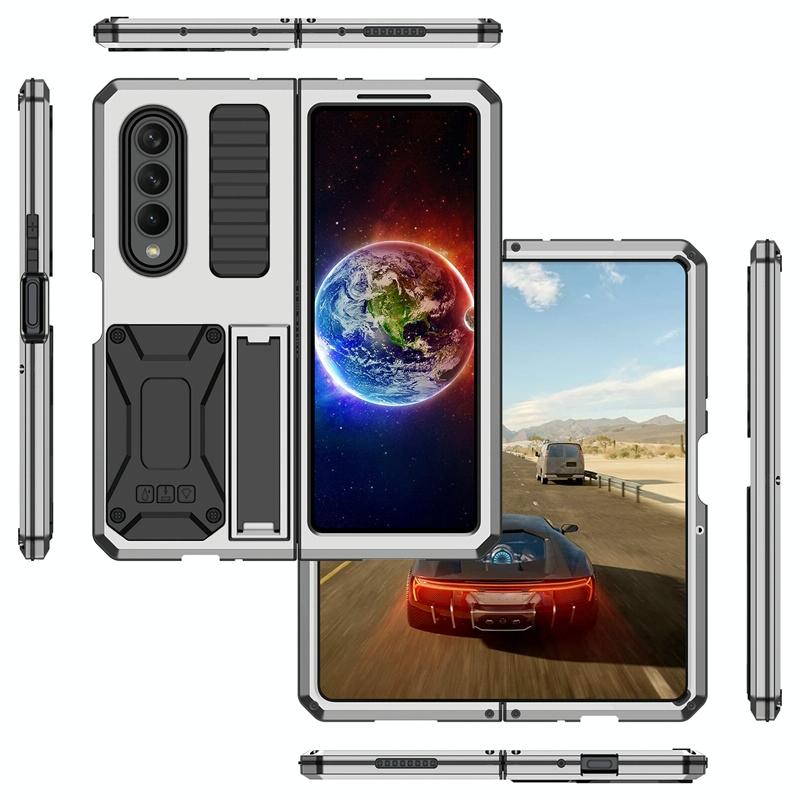 For Samsung Galaxy Z Fold4 5G Shockproof Metal Case With Holder - Silver