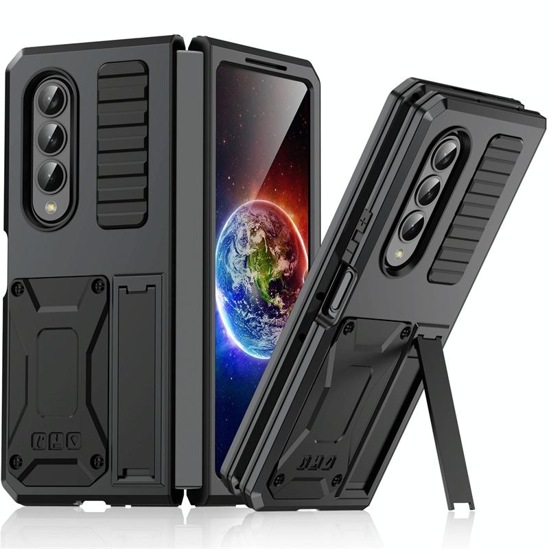 For Samsung Galaxy Z Fold4 5G Shockproof Metal Case With Holder - Silver