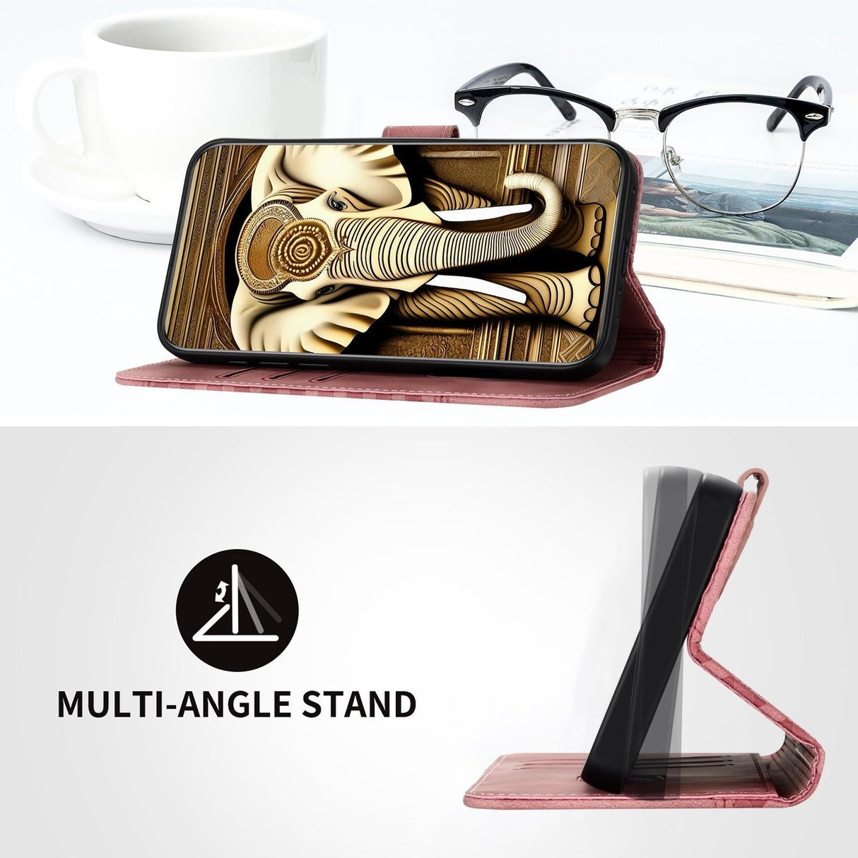 For Samsung Galaxy Z Fold4 5G Embossed Elephant Head Phone Case With Lanyard - Rose Red