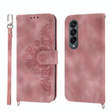 For Samsung Galaxy Z Fold4 5G Floral Leather Phone Wallet - Embossed - Wine Red