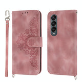 For Samsung Galaxy Z Fold4 5G Floral Leather Phone Wallet - Embossed - Wine Red - Side View